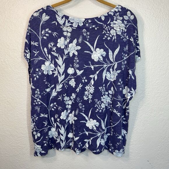 Laura Ashley Top Women 2X Blue Floral Linen Cropped Button Front Casual Boho - Picture 2 of 6